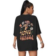 Trendseninle Love Yourself Baskılı Siyah Oversize Kadın T-shirt