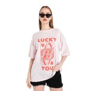 Trendseninle Lucky You Baskılı Pudra Pembe Oversize Kadın T-shirt