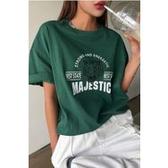 Trendseninle Majestic Nefti Yeşil Baskılı Bisiklet Yaka Oversize Kadın T-shirt