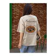 Trendseninle Mediterranean Baskılı Bej Oversize Kadın T-shirt