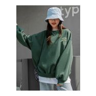 Trendseninle Merry Cheerful Baskılı Yeşil Oversize Bisiklet Yaka Kadın Sweatshirt