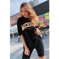 Trendseninle Michigan Baskılı Siyah Oversize Kadın T-shirt