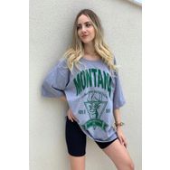 Trendseninle Montana Baskılı Oversize Gri Oversize Kadın T-shirt