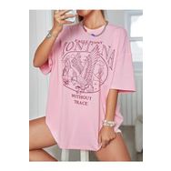 Trendseninle Montana Eagle Point Baskılı Pudra Pembe Oversize Kadın T-shirt