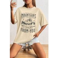 Trendseninle Mountains Baskılı Bej Oversize Kadın T-shirt
