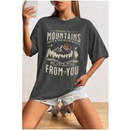 Trendseninle Mountains Baskılı Füme Oversize Kadın T-shirt