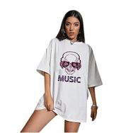 Trendseninle Music Ön Baskılı Beyaz Oversize Kadın T-shirt