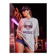 Trendseninle Music Ön Baskılı Gri Oversize Kadın T-shirt