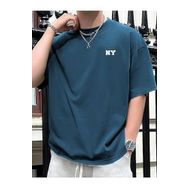 Trendseninle NY Baskılı Petrol Mavi Oversize Erkek T-shirt