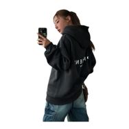 Trendseninle Present Baskılı Siyah Füme Oversize Kapüşonlu Kadın Sweatshirt