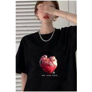 Trendseninle Red Heart World Baskılı Siyah Oversize Kadın T-shirt