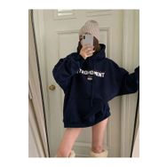 Trendseninle Retromoment Baskılı Lacivert Oversize Kapüşonlu Kadın Sweatshirt