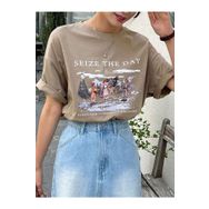 Trendseninle Seize The Day Baskılı Kahverengi Oversize Kadın T-shirt