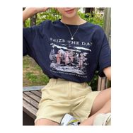 Trendseninle Seize The Day Baskılı Lacivert Oversize Kadın T-shirt
