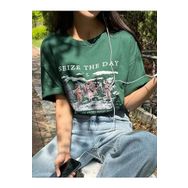Trendseninle Seize The Day Baskılı Nefti Yeşili Oversize Kadın T-shirt