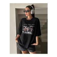 Trendseninle Seize The Day Baskılı Siyah Oversize Kadın T-shirt