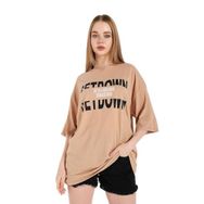 Trendseninle Set Down Baskılı Kahve Oversize Kadın T-shirt