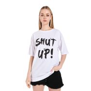 Trendseninle Shut Up Beyaz Baskılı Oversize Kadın T-shirt
