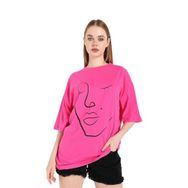 Trendseninle Silüet Tasarım Baskılı Fuşya Pembe Oversize Kadın T-shirt