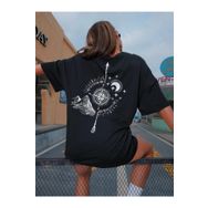 Trendseninle Sırt Pusula Baskılı Siyah Oversize Kadın T-shirt
