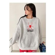 Trendseninle Spider Baskılı Gri Kanguru Cepli Oversize Kadın Sweatshirt