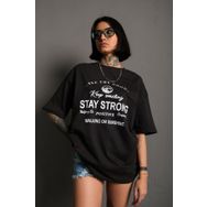 Trendseninle Stay Strong Baskılı Füme Oversize Kadın T-shirt