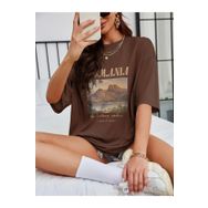 Trendseninle Tasmania Baskılı Kahverengi Oversize Kadın T-shirt