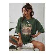 Trendseninle Tasmania Baskılı Nefti Yeşili Oversize Kadın T-shirt