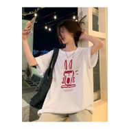 Trendseninle Tavşan Baskılı Beyaz Oversize Kadın T-shirt