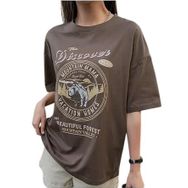 Trendseninle The Discover Baskılı Kahverengi Oversize Kadın T-shirt