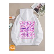 Trendseninle Time Never Baskılı Beyaz Oversize Kapüşonlu Kadın Sweatshirt