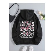 Trendseninle Time Never Baskılı Siyah Oversize Kapüşonlu Kadın Sweatshirt