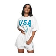Trendseninle Usa Basketball Baskılı Beyaz Şortlu Takım Oversize Kadın T-shirt