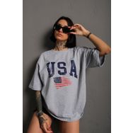 Trendseninle Usa Flag Baskılı Gri Oversize Kadın T-shirt