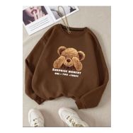 Trendseninle Utangaç Ayıcık Baskılı Kahve Bisiklet Yaka Kadın Sweatshirt