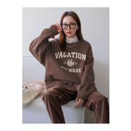 Trendseninle Vacation Joy Wake Baskılı Kahve Oversize Bisiklet Yaka Kadın Sweatshirt