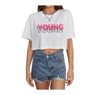 Trendseninle Young Baskılı Beyaz Bisiklet Yaka Crop Oversize Kadın T-shirt