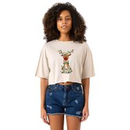 Tshirthane Adorable Reindeer Christmas Bej Kadın Crop
