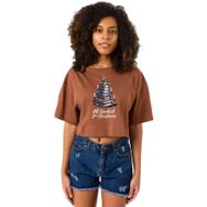 Tshirthane All Booked For Christmas Kahverengi Kadın Crop
