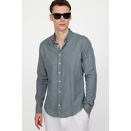 Tudors Slim Fit Uzun Kol Biyeli Yaka Düğmeli Gri Keten Erkek Gömlek