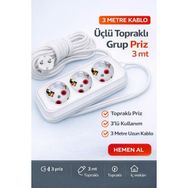 Tunç Üçlü Topraklı Grup Priz 3 Metre Kablolu – Güvenli ve Dayanıklı - Beyaz