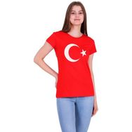 Türk Bayrak Ay Yıldız Baskılı Dar Kesim Kadın Kırmızı T-Shirt - XS