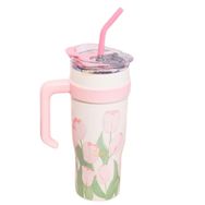 Vagonlife Diller 1200 ml Pembe Lale Desenli Tumbler Pipetli Pipetsiz Kulplu Paslanmaz Çelik Termos