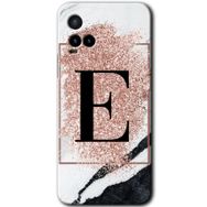 Vivo Y21 Pembe Mermer Desenli E Harfi Baskılı Uyumlu Silikon Kılıf
