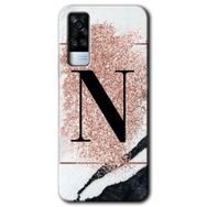 Vivo Y31 2021 Pembe Mermer Desenli N Harfi Baskılı Uyumlu Silikon Kılıf