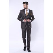 Wessi Çizgili Yelekli Kahverengi Slim Fit Erkek Takım Elbise