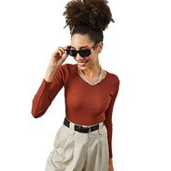 Xhan 2KXK2-45845 Kiremit Yuvarlak Yaka Kaşkorse Crop Bluz