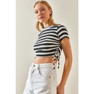 Xhan 4KXK2-47932-02 Siyah Bisiklet Yaka Yanı Büzgülü Çizgili Kaşkorse Crop Bluz