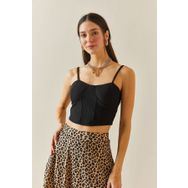 Xhan 5YXK2-48340-02 Kadın Siyah Balenli & Askılı Crop Bluz