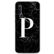 Xiaomi Mi 9 Siyah Mermer Desenli P Harfi Baskılı Uyumlu Silikon Kılıf